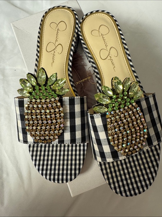 Jessica Simpson Shoes - Jessica Simpson Black & White Gingham Pineapple Jeweled Slide Sandals